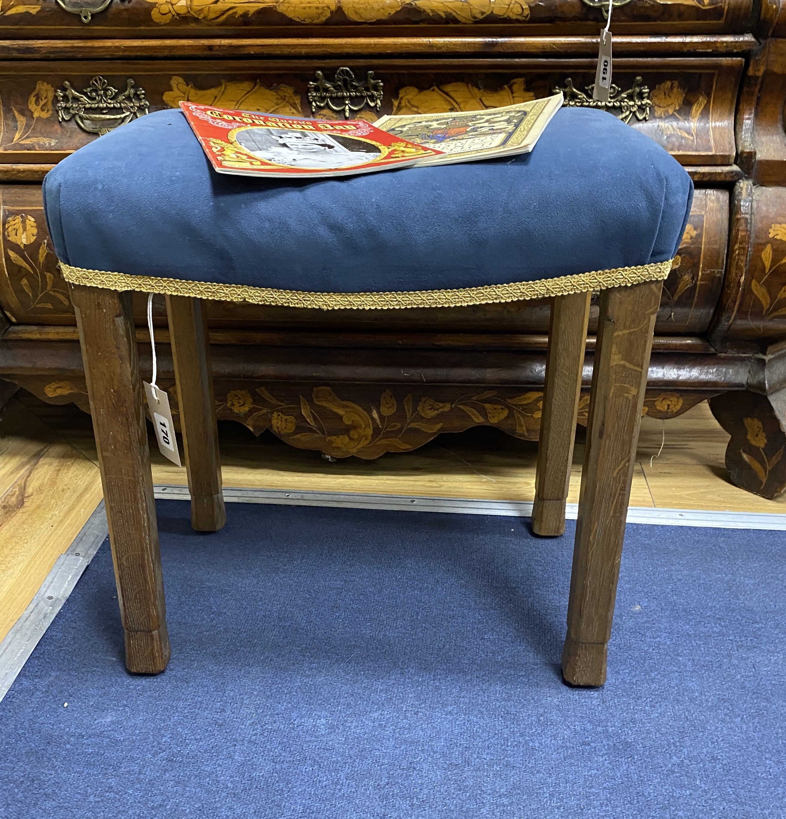 An Elizabeth II oak Coronation stool and related ephemera, width 47cm, depth 31cm, height 48cm
